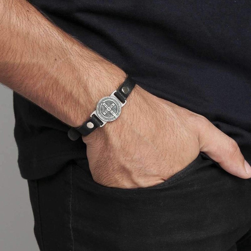 Intercession St Benedict Genuine Leather Protection Bracelet - Made in Brazil (Medium - Black) - Image 3